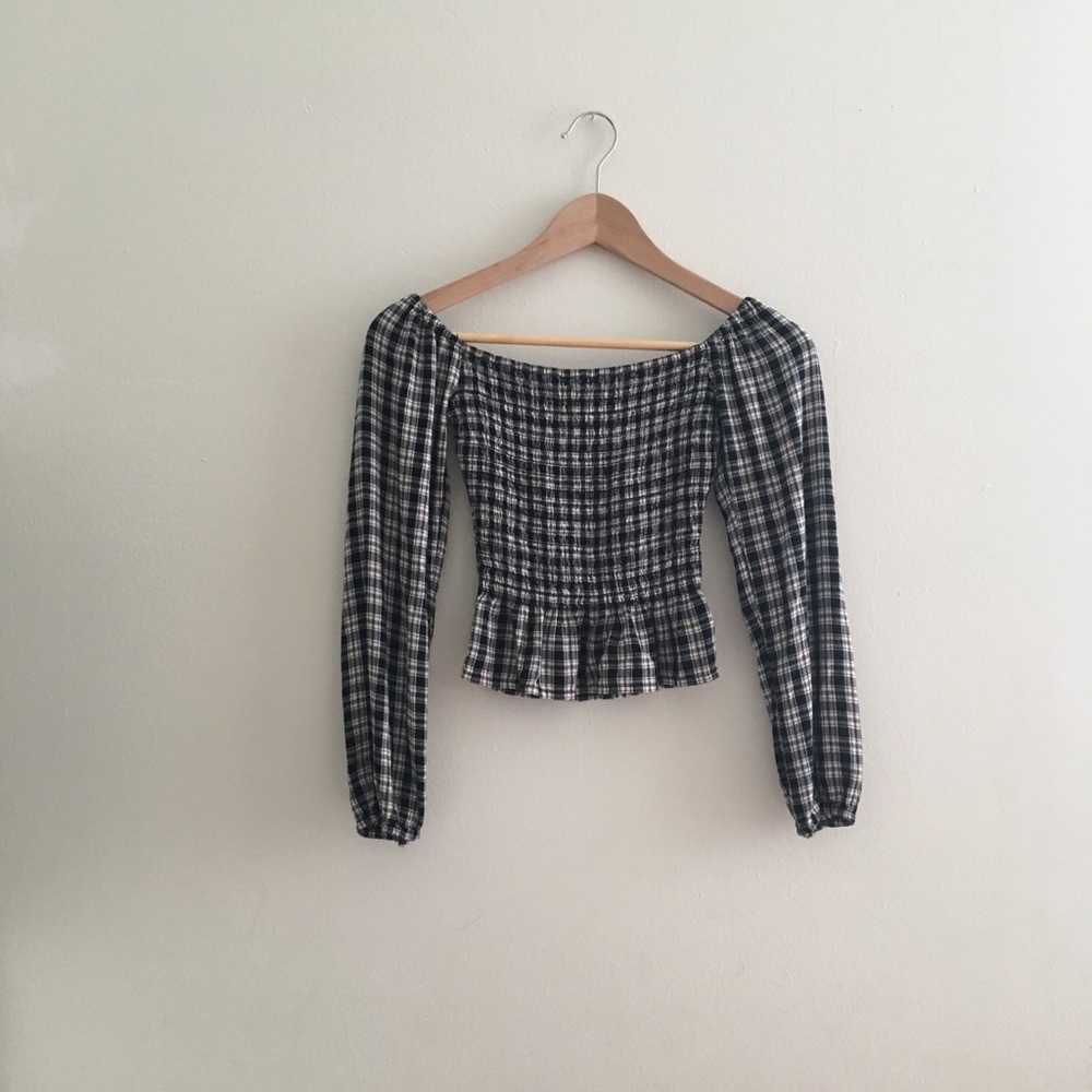 NWOT Off-The-Shoulder Smocked Top Black Plaid